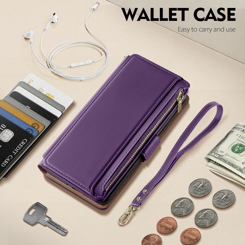 Antsturdy Compatible with iPhone 16 Pro Max Wallet Case,RFID Blocking PU Leather Phone Case Women Men Kickstand flip Cover Wrist Strap Zipper Credit Card Holder Slots for Apple 16 ProMax,Purple - Image 3